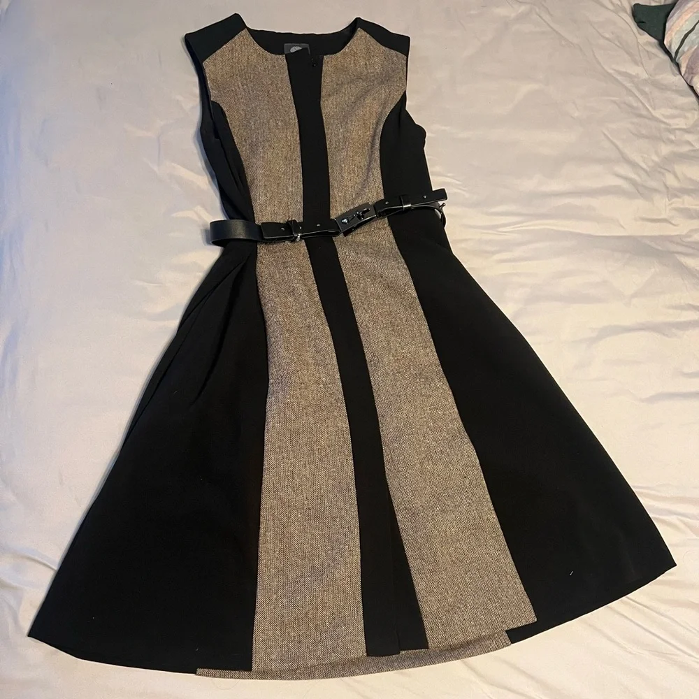 Vince Camuto Black and Tan Midi Button Belt Dress 2 - Picture 1 of 10